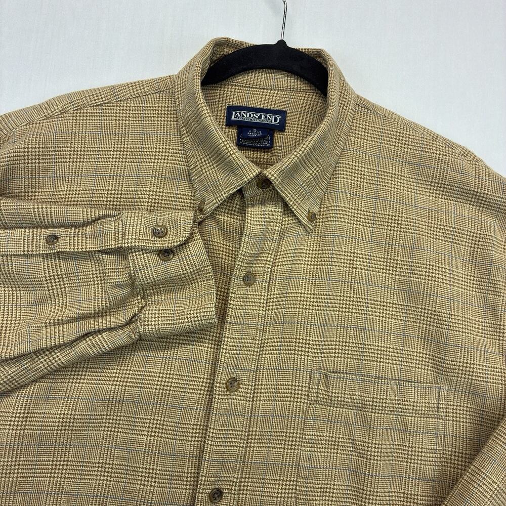 Vintage Lands’ End Men’s XL Glen Plaid Button Down Shirt Brown Blue Cotton